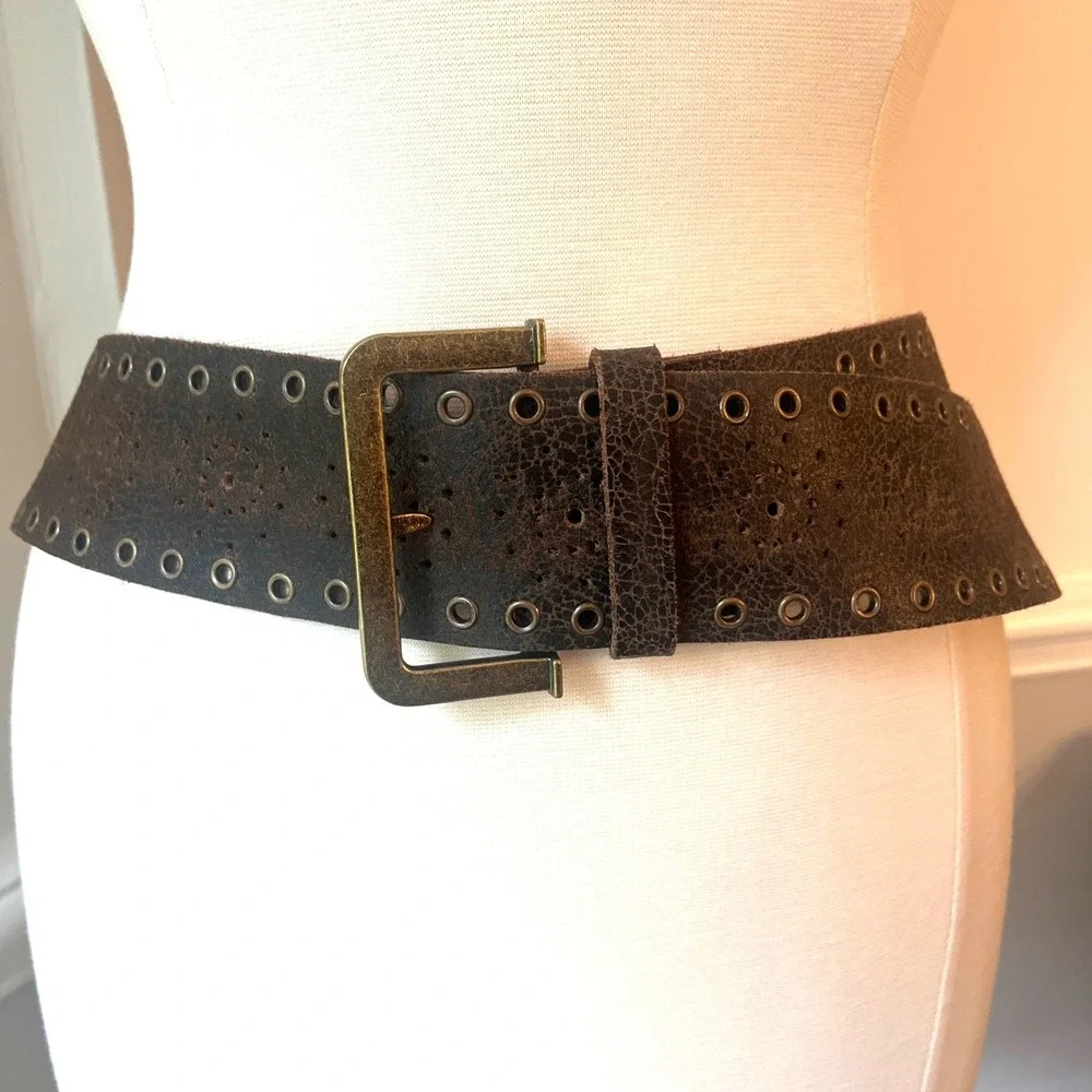 Free People Wide Leather Belt Boho Western Size Med/ Large Brown - Picture 2 of 9